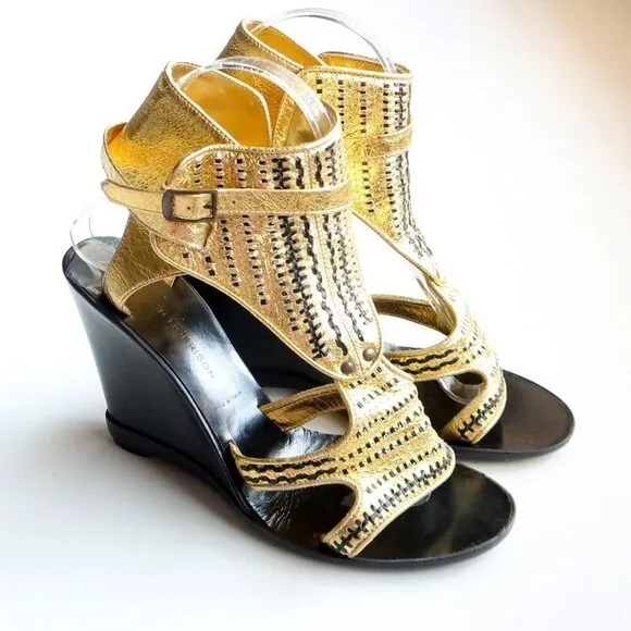 Sigerson Morrison Gold &amp; Black Leather Wedge Heel Open Toe Sandals Dressy Shoes