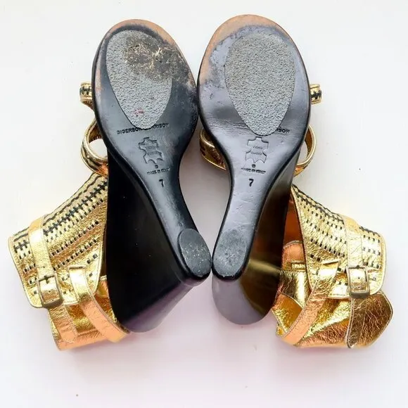 Sigerson Morrison Gold &amp; Black Leather Wedge Heel Open Toe Sandals Dressy Shoes