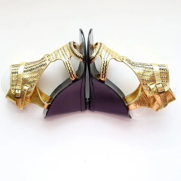Sigerson Morrison Gold &amp; Black Leather Wedge Heel Open Toe Sandals Dressy Shoes