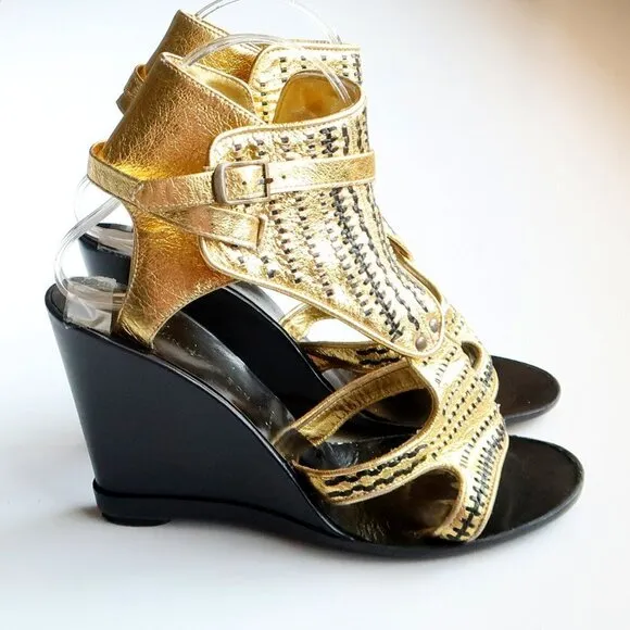 Sigerson Morrison Gold &amp; Black Leather Wedge Heel Open Toe Sandals Dressy Shoes