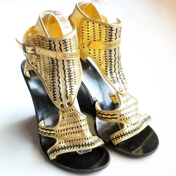 Sigerson Morrison Gold &amp; Black Leather Wedge Heel Open Toe Sandals Dressy Shoes