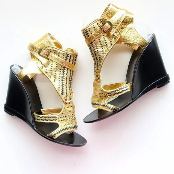 Sigerson Morrison Gold &amp; Black Leather Wedge Heel Open Toe Sandals Dressy Shoes