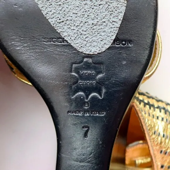 Sigerson Morrison Gold &amp; Black Leather Wedge Heel Open Toe Sandals Dressy Shoes