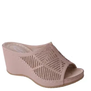 Size 11 Tan Woven Rhinestone Embellished Platform Padded Slide Wedge Sandal