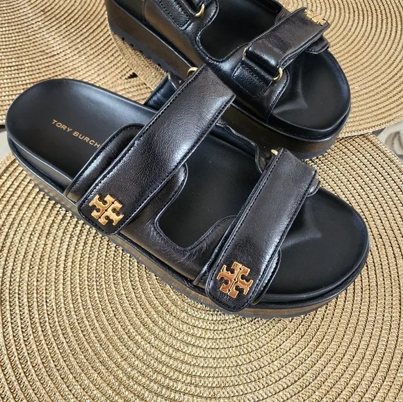 Size 9 NEW TORY BURCH KIRA Sports Black Leather Platform Sandals With Gold Logo
