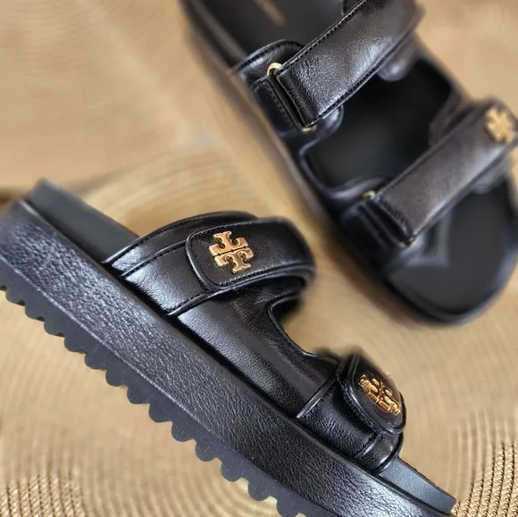 Size 9 NEW TORY BURCH KIRA Sports Black Leather Platform Sandals With Gold Logo