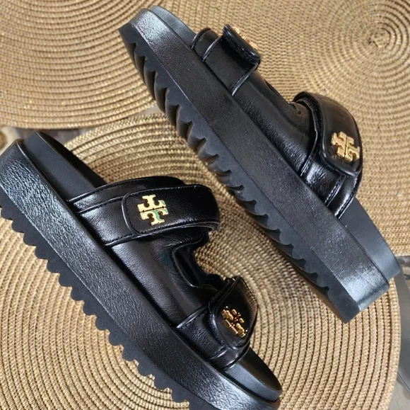 Size 9 NEW TORY BURCH KIRA Sports Black Leather Platform Sandals With Gold Logo