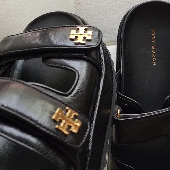 Size 9 NEW TORY BURCH KIRA Sports Black Leather Platform Sandals With Gold Logo