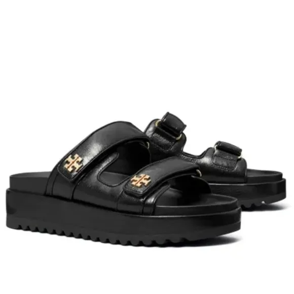 Size 9 NEW TORY BURCH KIRA Sports Black Leather Platform Sandals With Gold Logo