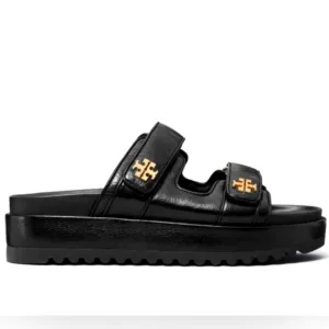 Size 9 NEW TORY BURCH KIRA Sports Black Leather Platform Sandals With Gold Logo