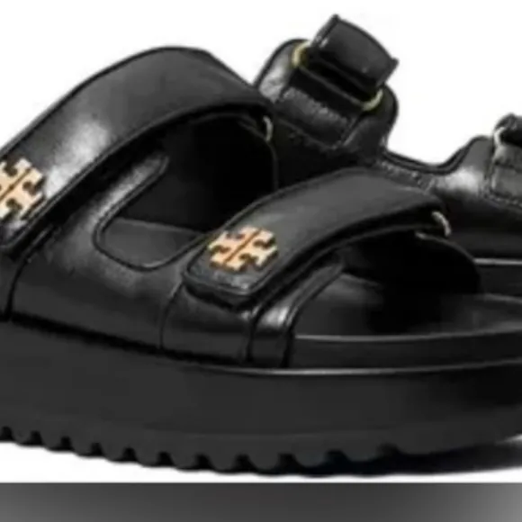 Size 9 NEW TORY BURCH KIRA Sports Black Leather Platform Sandals With Gold Logo
