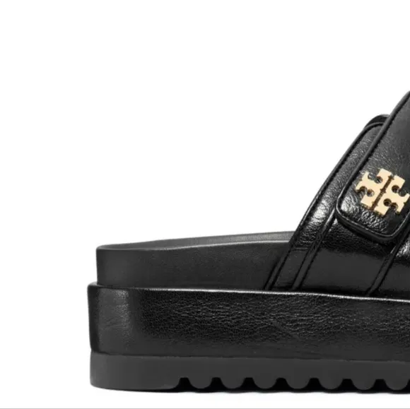 Size 9 NEW TORY BURCH KIRA Sports Black Leather Platform Sandals With Gold Logo