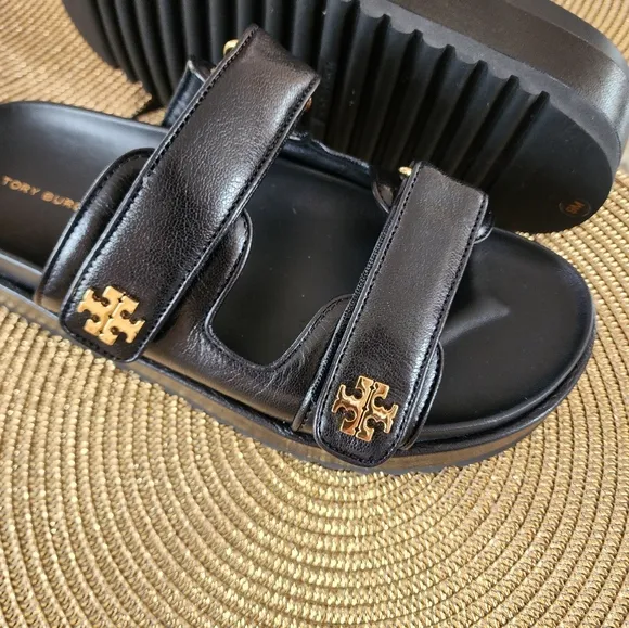 Size 9 NEW TORY BURCH KIRA Sports Black Leather Platform Sandals With Gold Logo