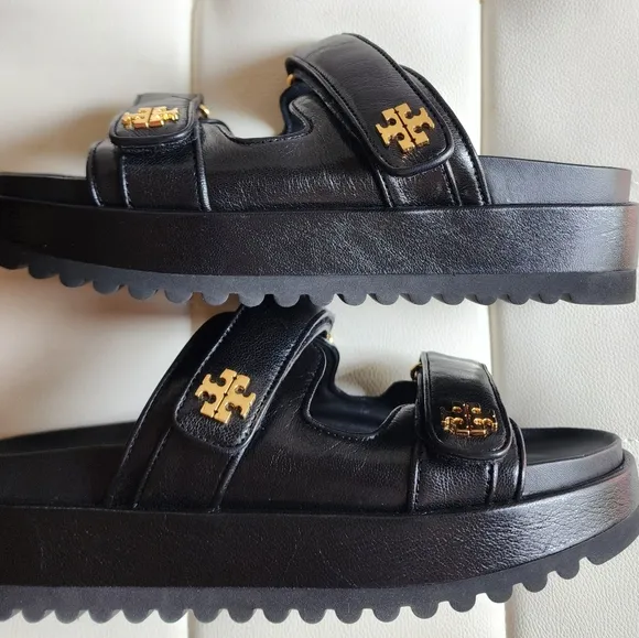 Size 9 NEW TORY BURCH KIRA Sports Black Leather Platform Sandals With Gold Logo