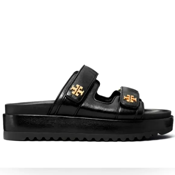 Size 9 NEW TORY BURCH KIRA Sports Black Leather Platform Sandals With Gold Logo