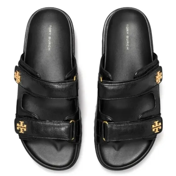 Size 9 NEW TORY BURCH KIRA Sports Black Leather Platform Sandals With Gold Logo
