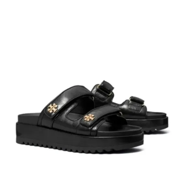 Size 9 NEW TORY BURCH KIRA Sports Black Leather Platform Sandals With Gold Logo