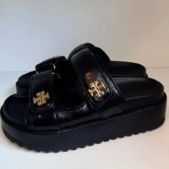 Size 9 NEW TORY BURCH KIRA Sports Black Leather Platform Sandals With Gold Logo