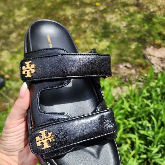 Size 9 NEW TORY BURCH KIRA Sports Black Leather Platform Sandals With Gold Logo