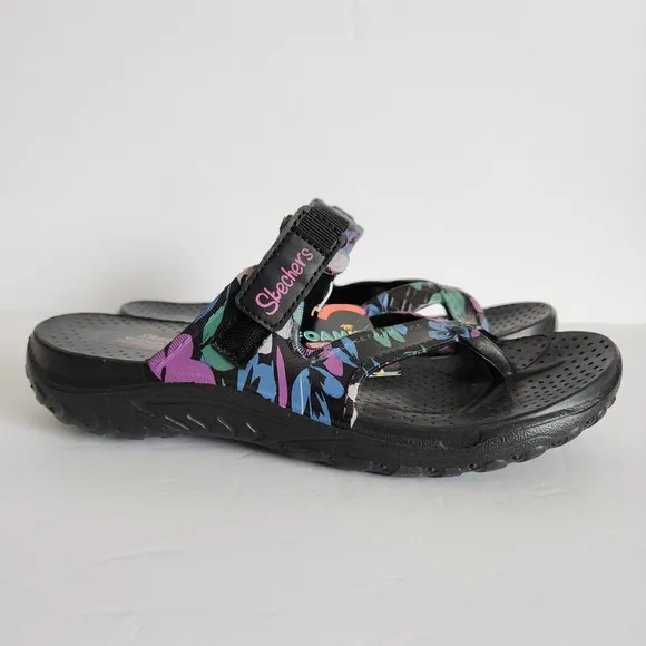 Skechers Women's Foamies Reggae Artsy Black Floral Slip On Sandals Size 9 NWT