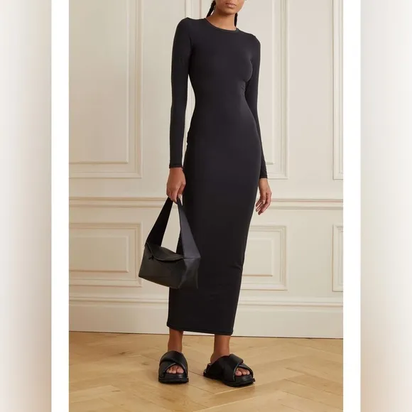 Skims Fits Everybody Long-Sleeve Crew Neck Maxi Dress, Onyx Women’s XS Size 0-2