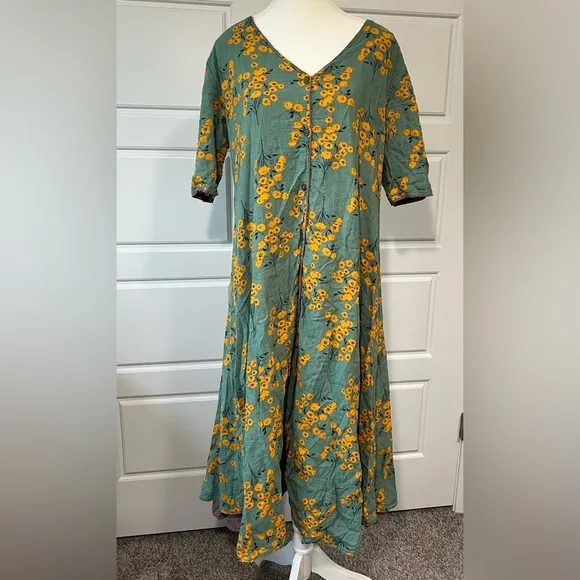 SM Yellow Floral Green Cotton Button Up Boho Peasant Maxi Dress Eggplant Slip