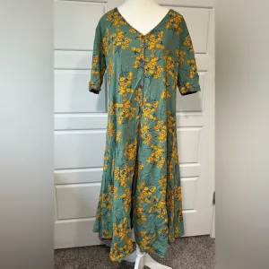 SM Yellow Floral Green Cotton Button Up Boho Peasant Maxi Dress Eggplant Slip