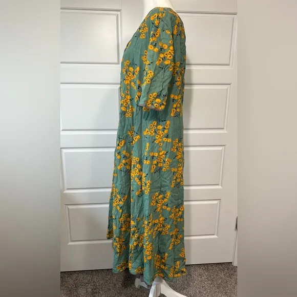 SM Yellow Floral Green Cotton Button Up Boho Peasant Maxi Dress Eggplant Slip
