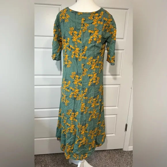 SM Yellow Floral Green Cotton Button Up Boho Peasant Maxi Dress Eggplant Slip