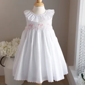 Smocked White Dress with Pink Embroidery Boutique Luli &amp; Me Sleeveless NWT