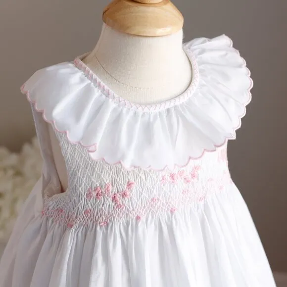 Smocked White Dress with Pink Embroidery Boutique Luli &amp; Me Sleeveless NWT