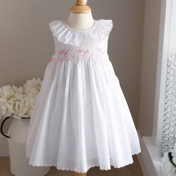 Smocked White Dress with Pink Embroidery Boutique Luli &amp; Me Sleeveless NWT