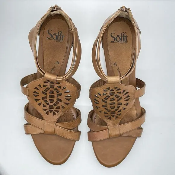 Sofft Breeze Sandals Women’s 10M Luggage Brown Leather Strappy Comfort Heel