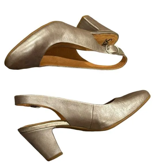 Sofft Lilly Sling Back Sandals Block Heels Pewter Metallic Size 9M NWOB