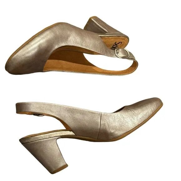 Sofft Lilly Sling Back Sandals Block Heels Pewter Metallic Size 9M NWOB