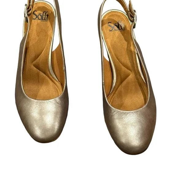 Sofft Lilly Sling Back Sandals Block Heels Pewter Metallic Size 9M NWOB