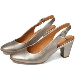 Sofft Lilly Sling Back Sandals Block Heels Pewter Metallic Size 9M NWOB