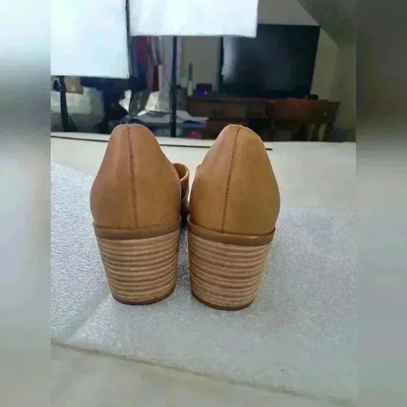 Sole Society Shoes Ralimia Leather Stacked Heel Open Toe Brown Sandals Size 8.5M
