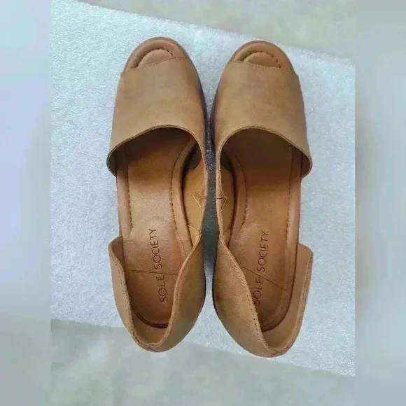 Sole Society Shoes Ralimia Leather Stacked Heel Open Toe Brown Sandals Size 8.5M
