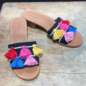 Soludos Slip On Sandals Size 6.5 Embroidered Colorful Tassel Block Heel Boho