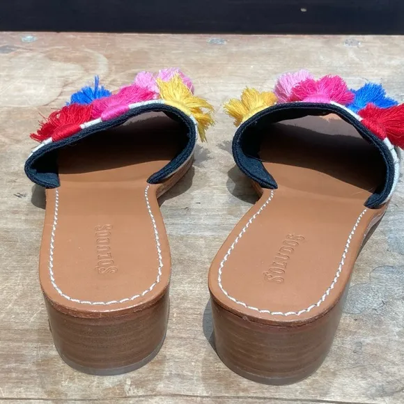Soludos Slip On Sandals Size 6.5 Embroidered Colorful Tassel Block Heel Boho