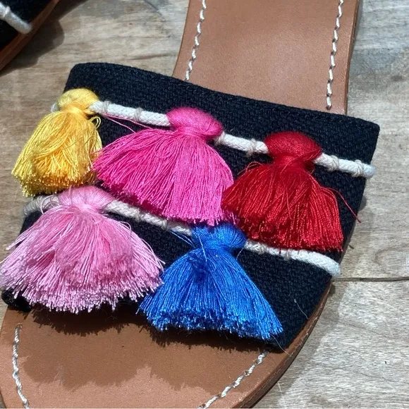 Soludos Slip On Sandals Size 6.5 Embroidered Colorful Tassel Block Heel Boho