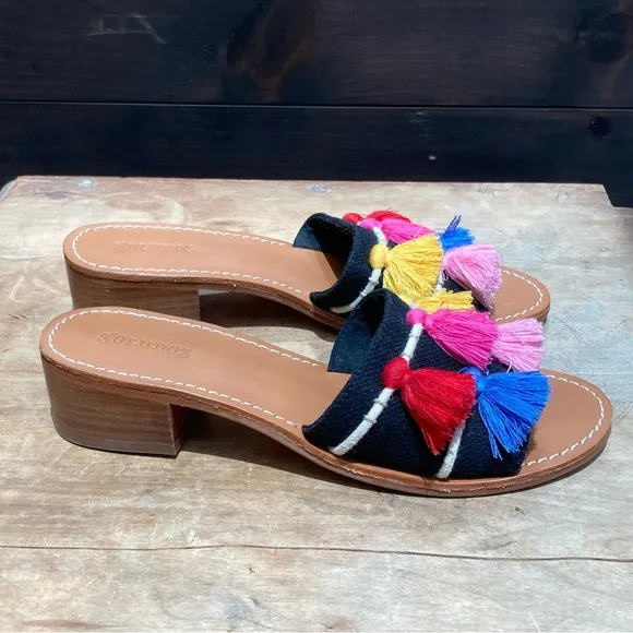 Soludos Slip On Sandals Size 6.5 Embroidered Colorful Tassel Block Heel Boho