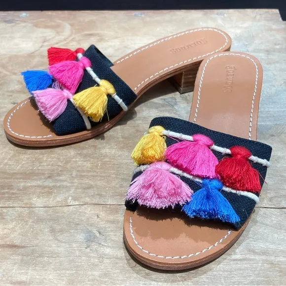Soludos Slip On Sandals Size 6.5 Embroidered Colorful Tassel Block Heel Boho