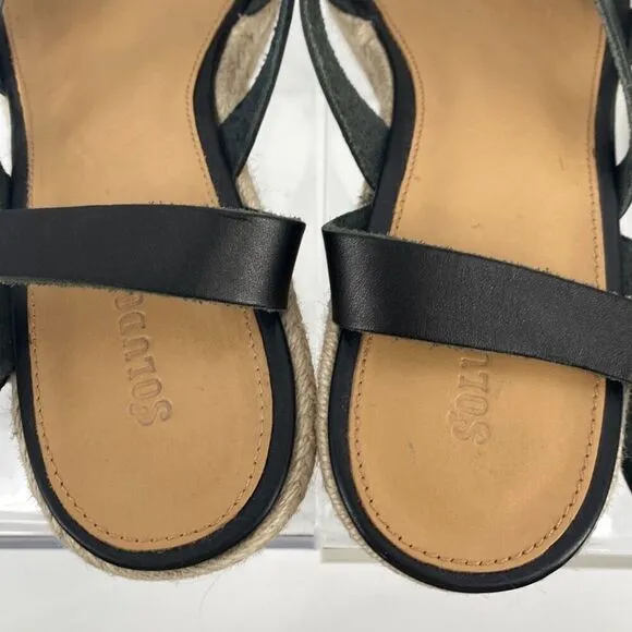 Soludos Women's Charlotte Leather Wedge Espadrille Sandal Black Tan Size 8.5