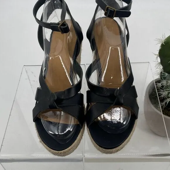 Soludos Women's Charlotte Leather Wedge Espadrille Sandal Black Tan Size 8.5