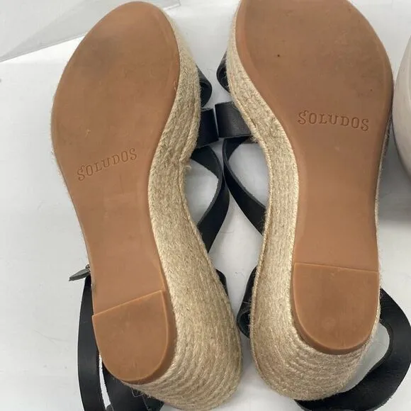 Soludos Women's Charlotte Leather Wedge Espadrille Sandal Black Tan Size 8.5