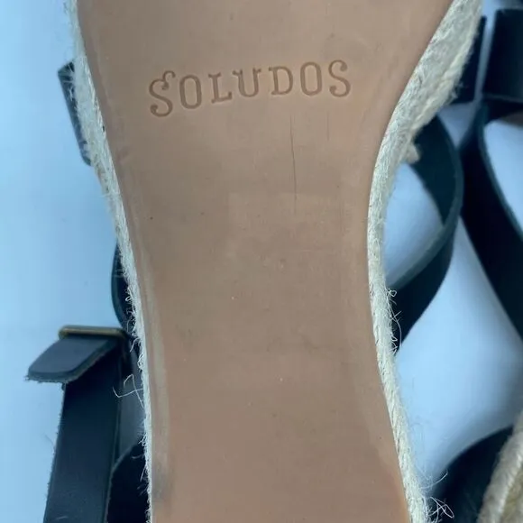 Soludos Women's Charlotte Leather Wedge Espadrille Sandal Black Tan Size 8.5
