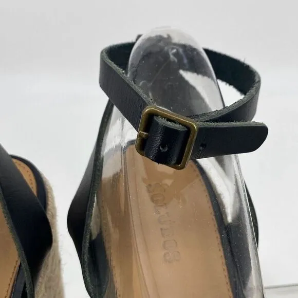 Soludos Women's Charlotte Leather Wedge Espadrille Sandal Black Tan Size 8.5