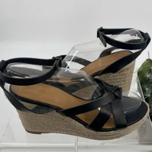 Soludos Women's Charlotte Leather Wedge Espadrille Sandal Black Tan Size 8.5